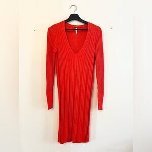 FREE PEOPLE red orange Ribbed Knit dress tunic V-neck Side Slit Sweater cotton